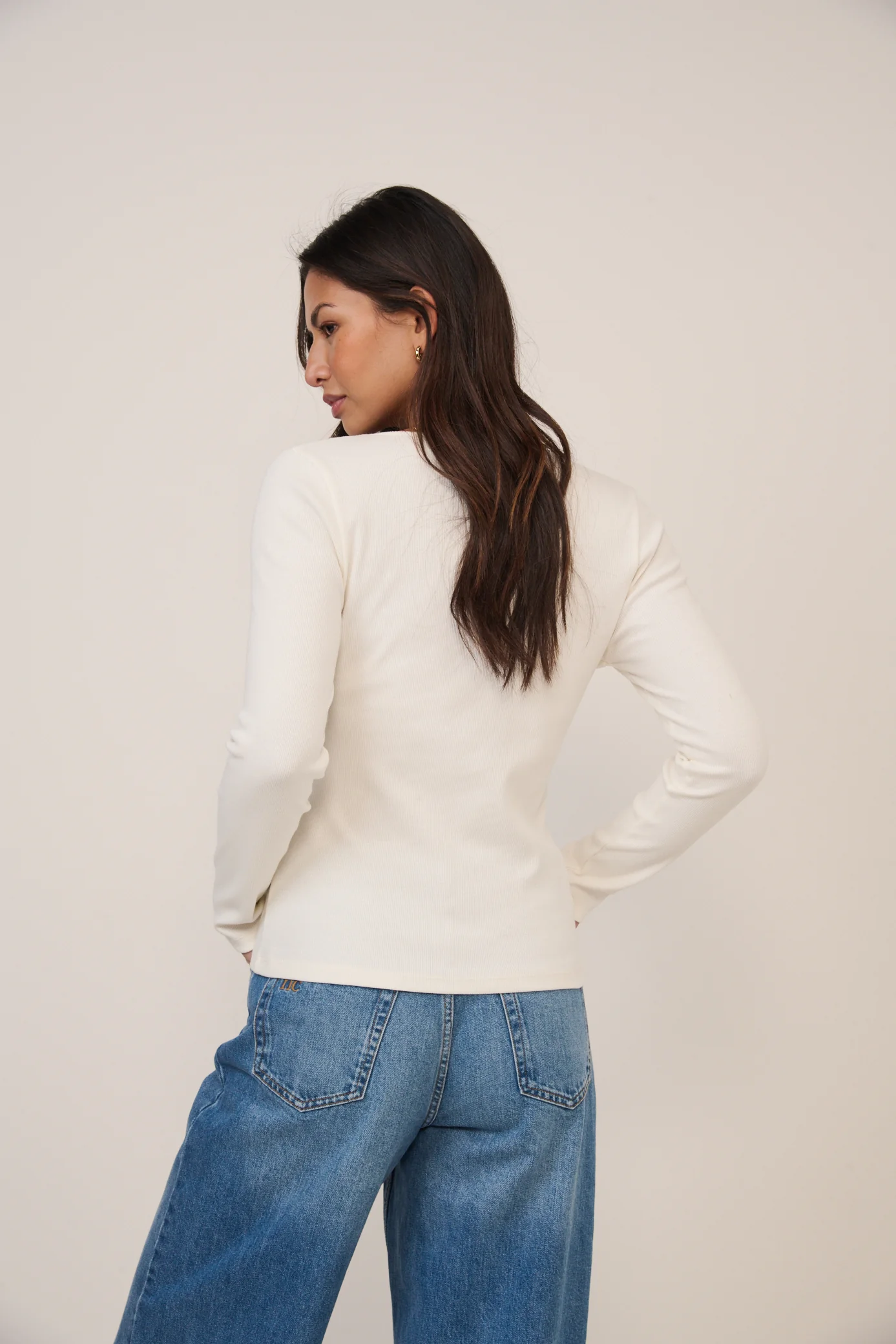 Cream V-Neck Long Sleeve Ribbed Top - Image 5