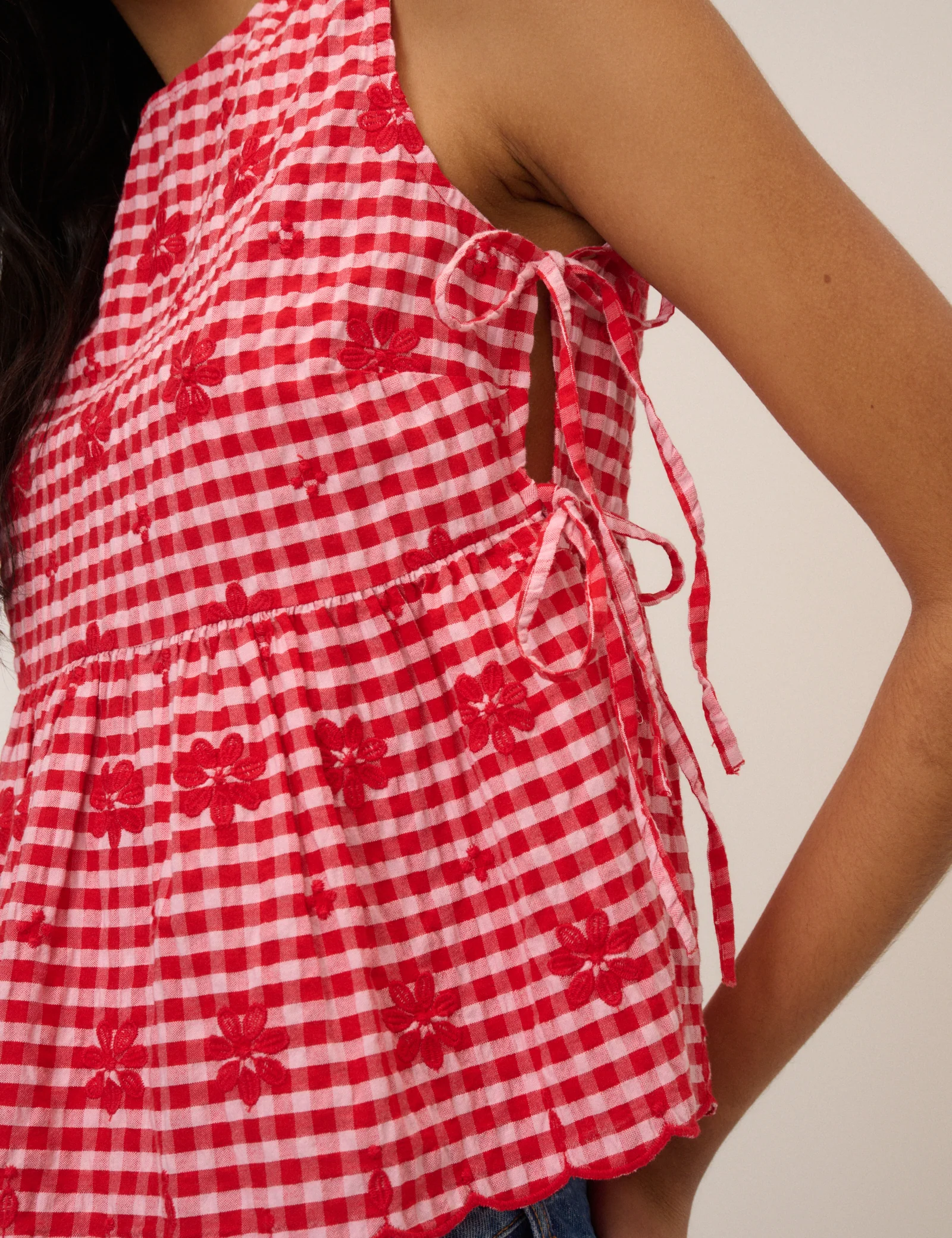 Red Gingham Sleeveless Tie Side Top - Image 2