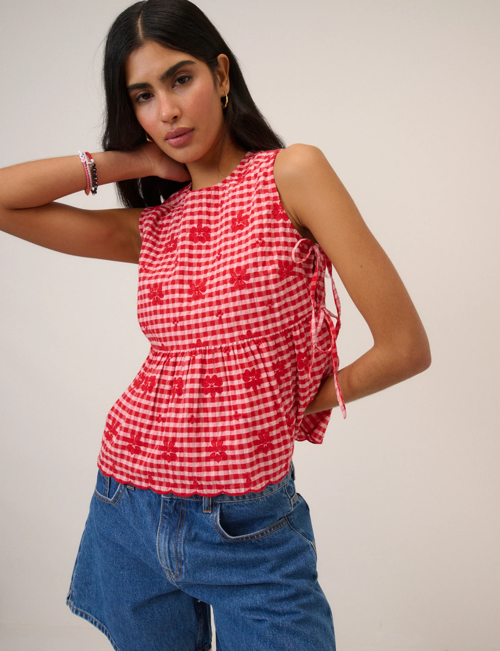 Red Gingham Sleeveless Tie Side Top - Image 3