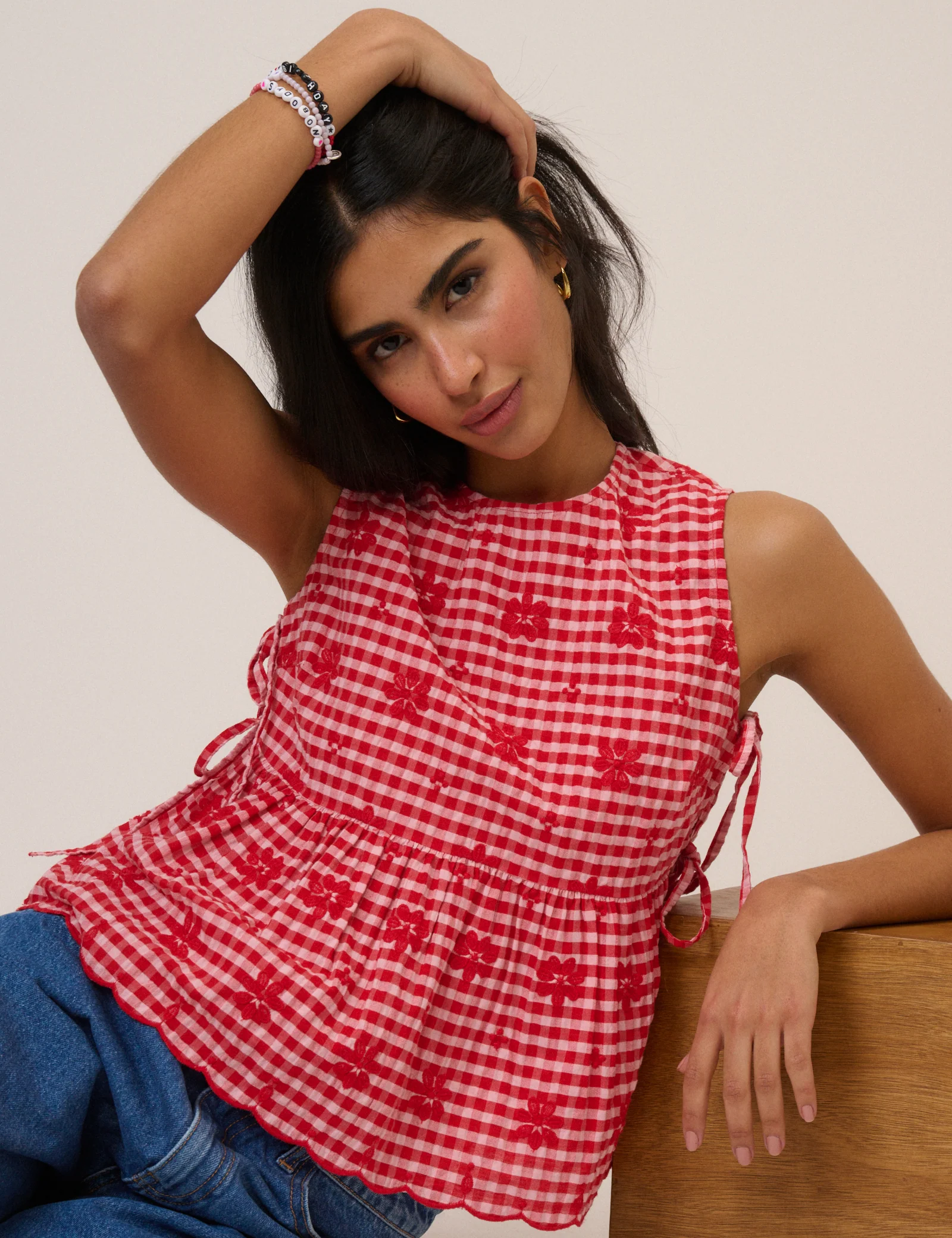 Red Gingham Sleeveless Tie Side Top - Image 5