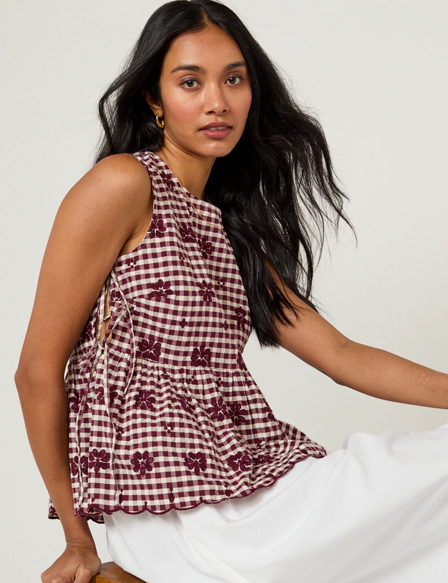Burgundy Gingham Floral Swing Top - Image 4