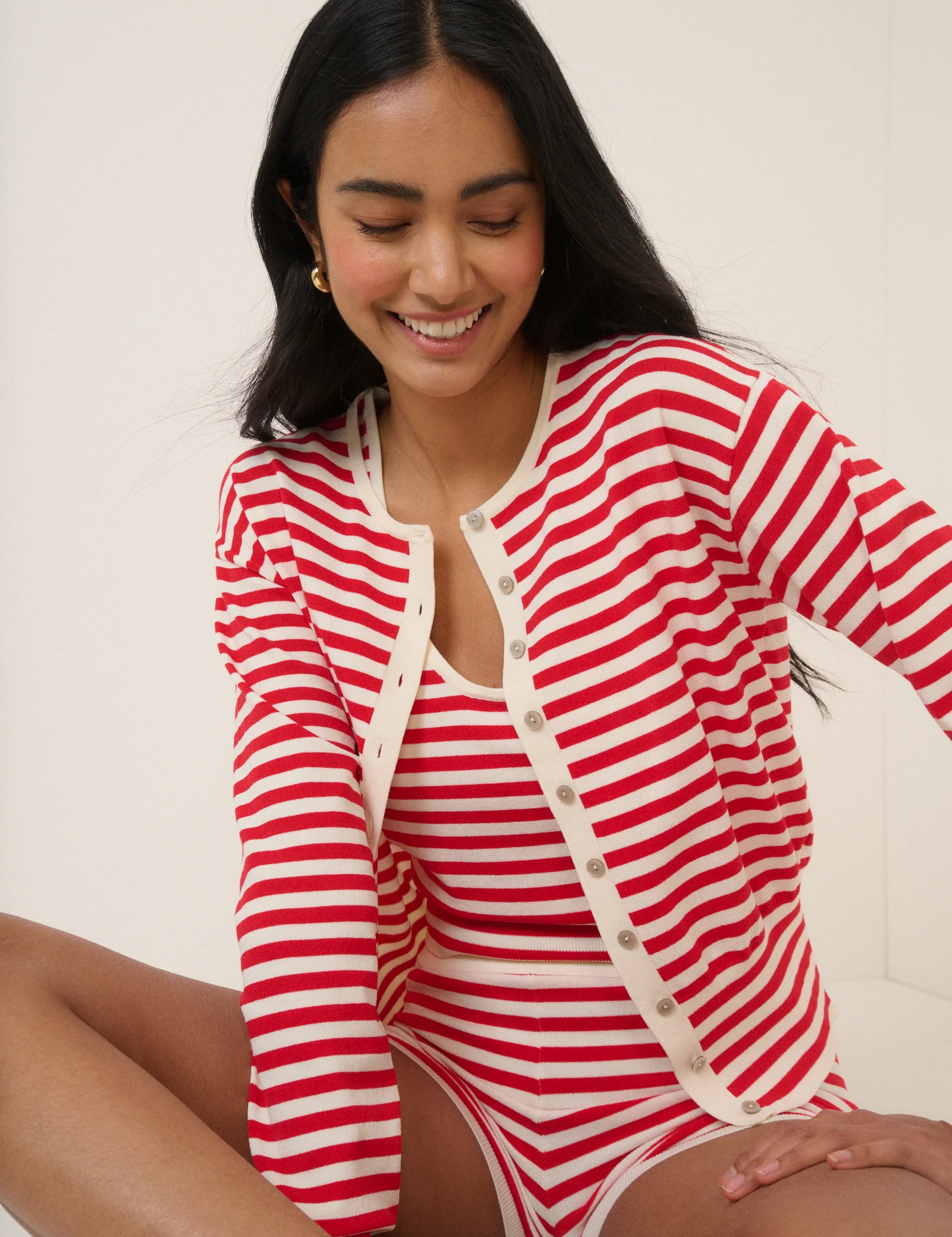 Red Striped Waisted Crew Neck Cardigan - Image 5