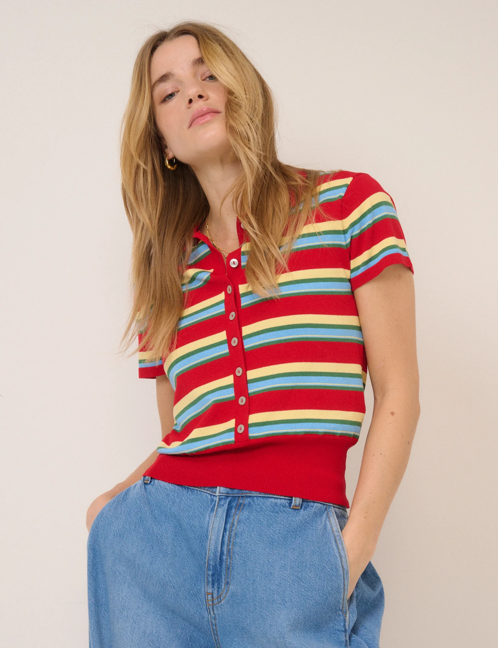 Red Striped Knitted Polo Top - Image 5