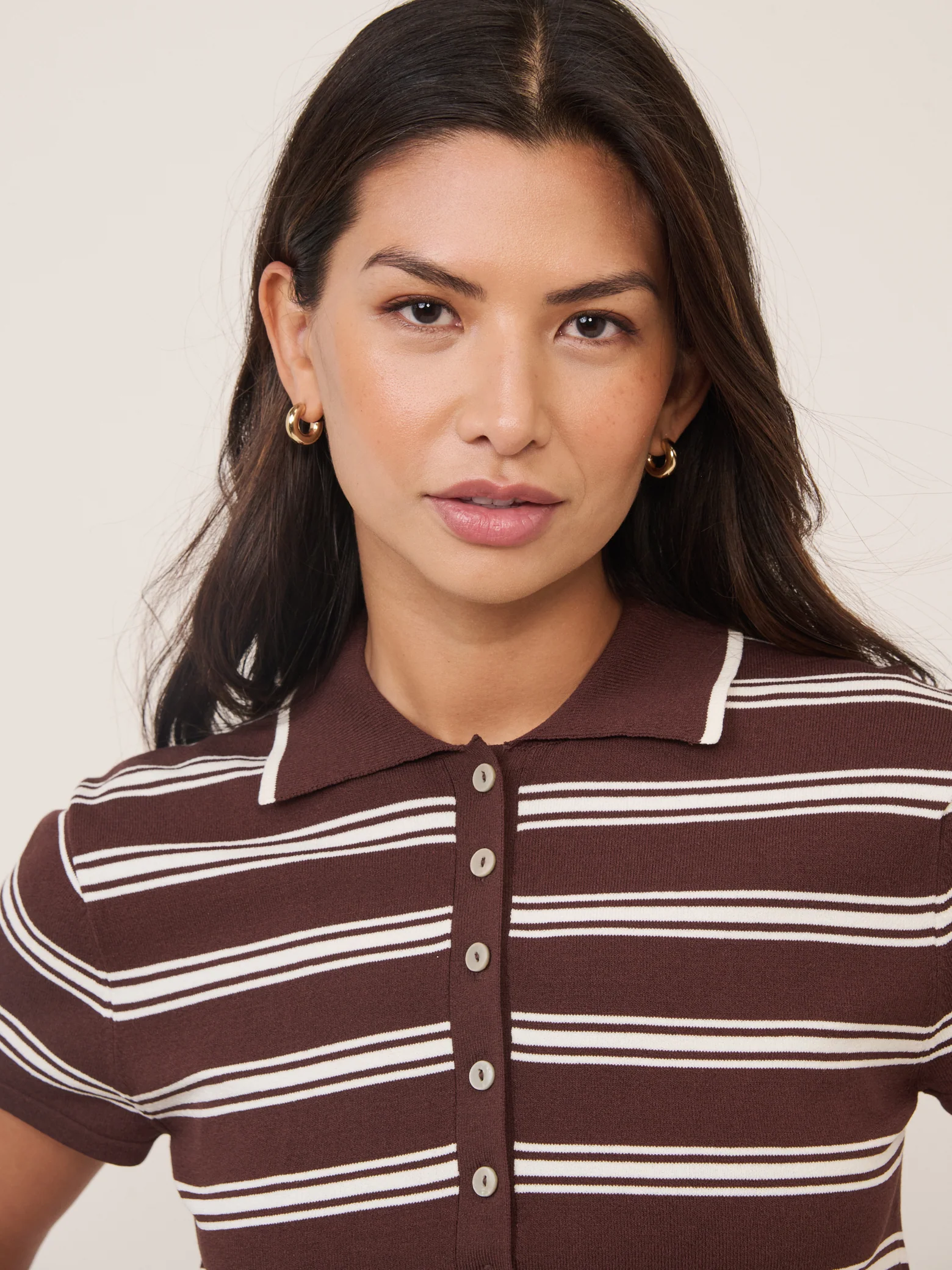 Brown Striped Knitted Polo Top - Image 2