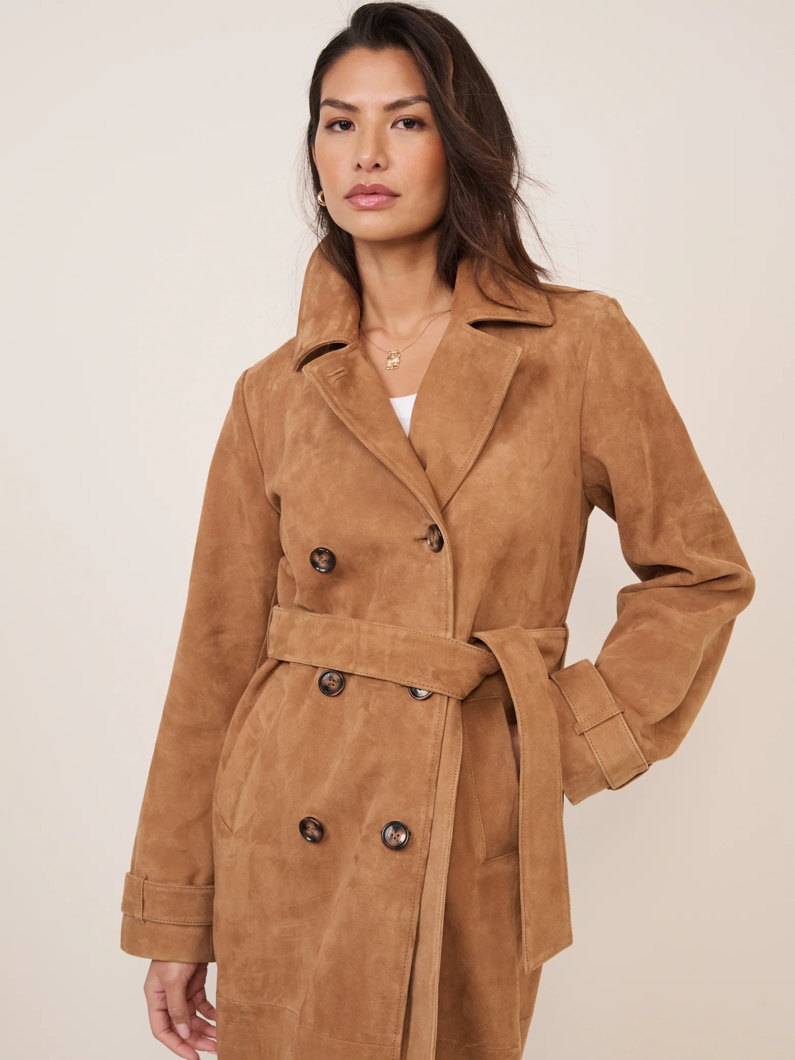 Beige Suede Trench Coat - Image 2