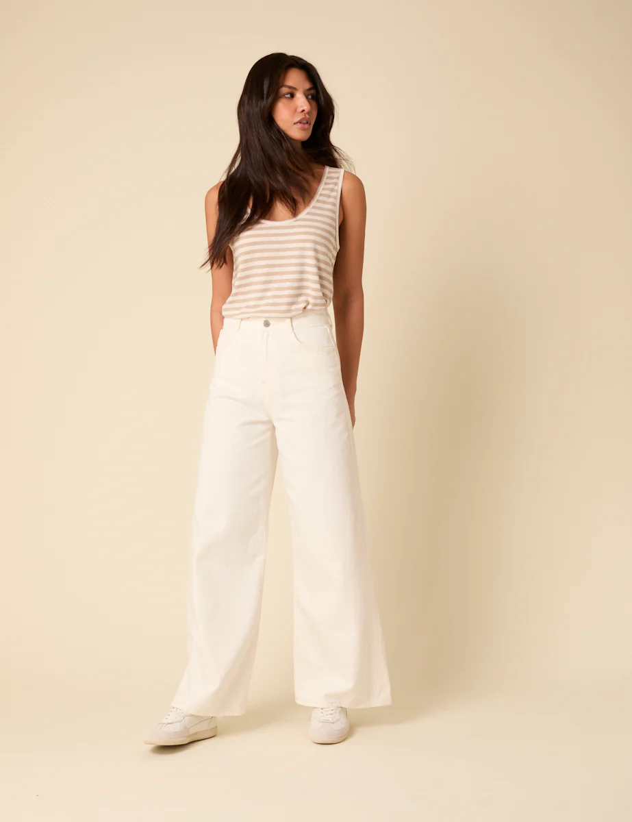 White And Beige Linen-Blend Scoop Neck Vest Top - Image 4