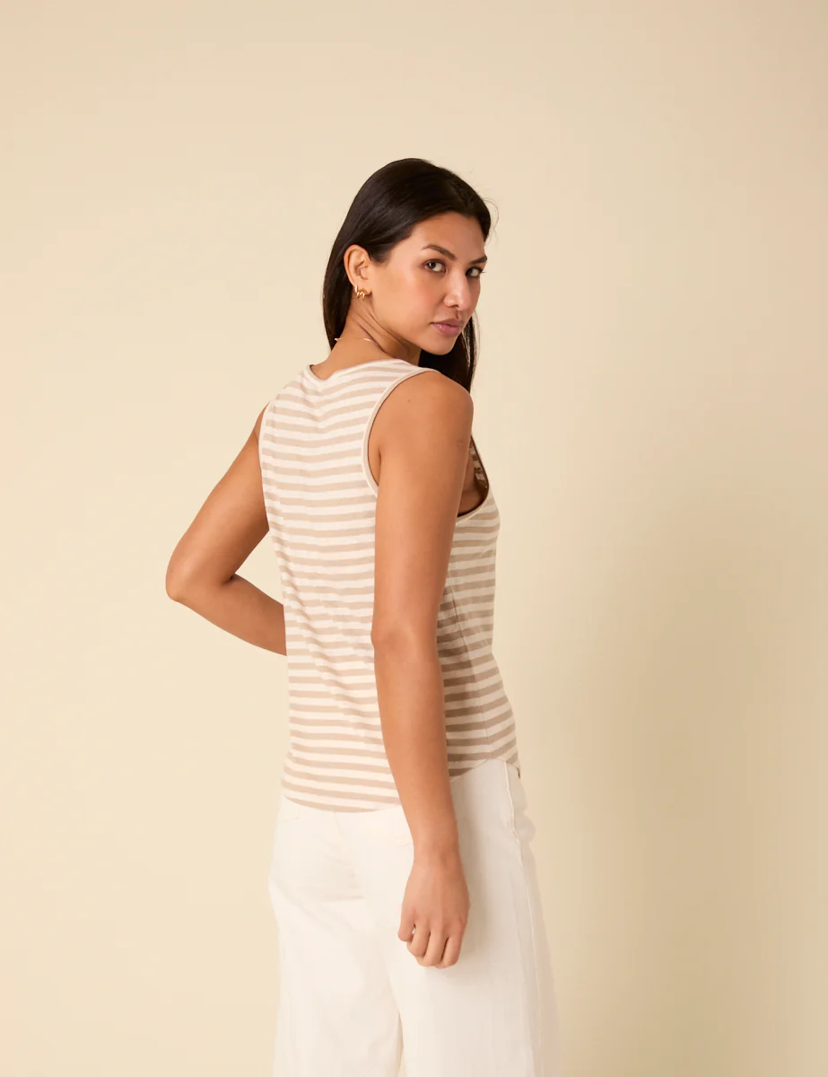 White And Beige Linen-Blend Scoop Neck Vest Top - Image 5