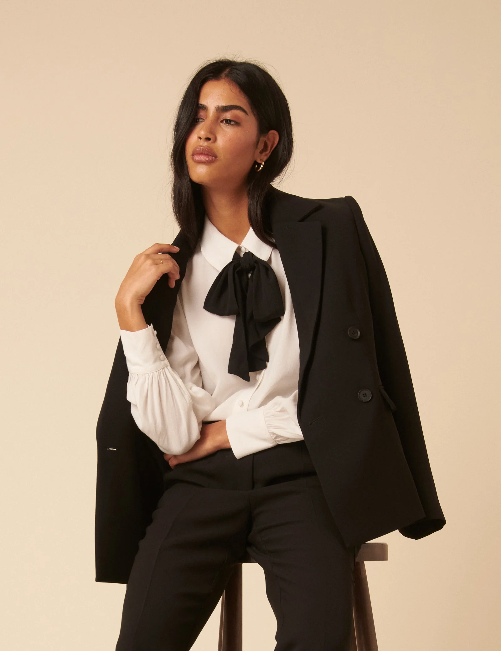 White Bow Tie Neck Blouse - Image 3
