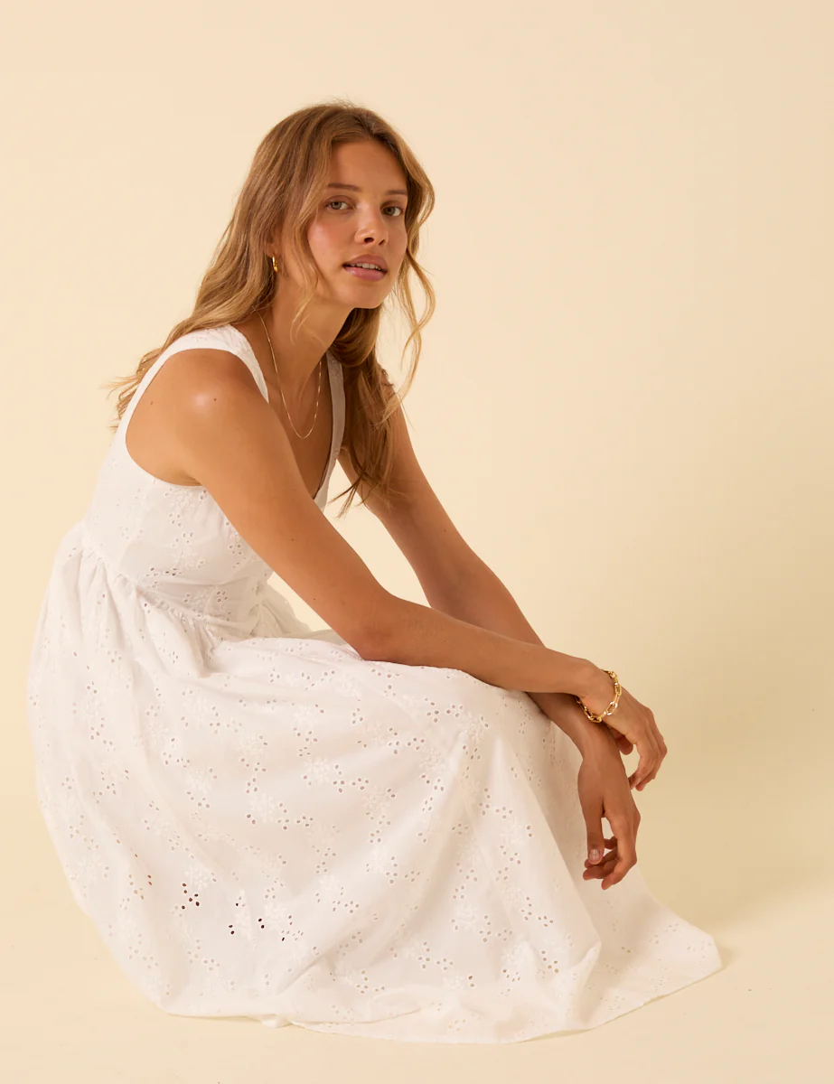 White Broderie Anglaise Drop Waist Cora Midi Dress - Image 5