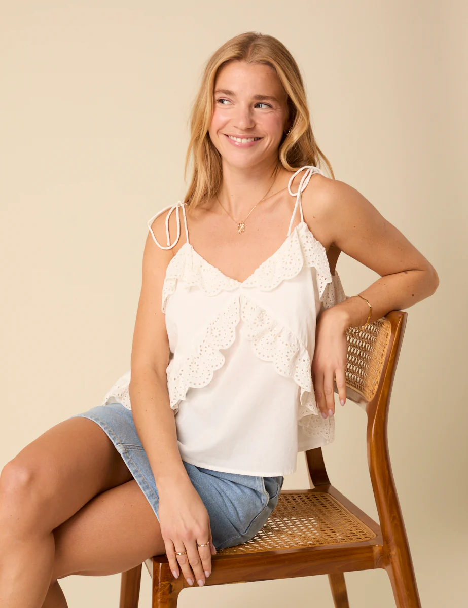 White Broderie Anglaise Frill Cami Top - Image 4