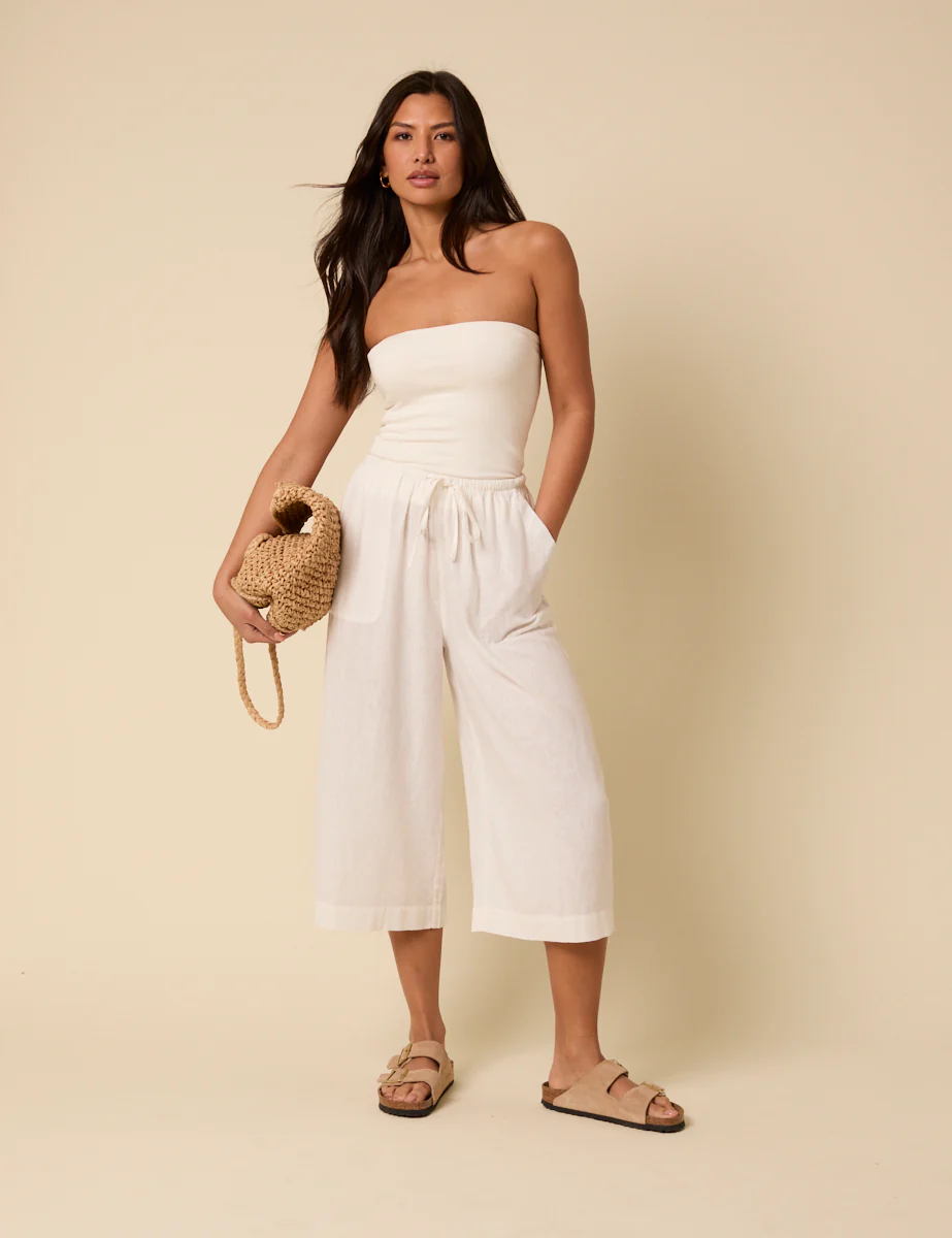 White Cropped Wide Leg Linen-Blend Shona Trousers - Image 3