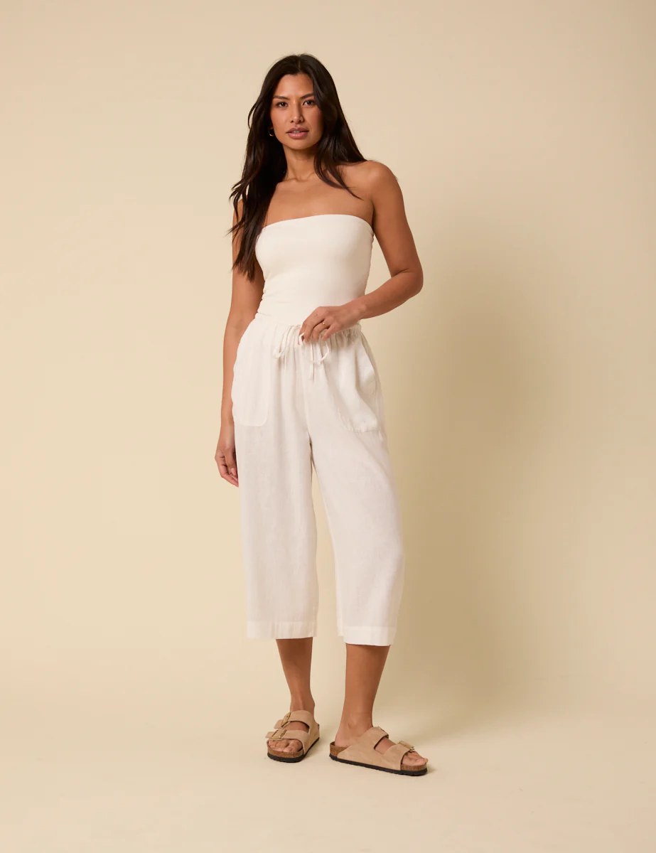 White Cropped Wide Leg Linen-Blend Shona Trousers - Image 4