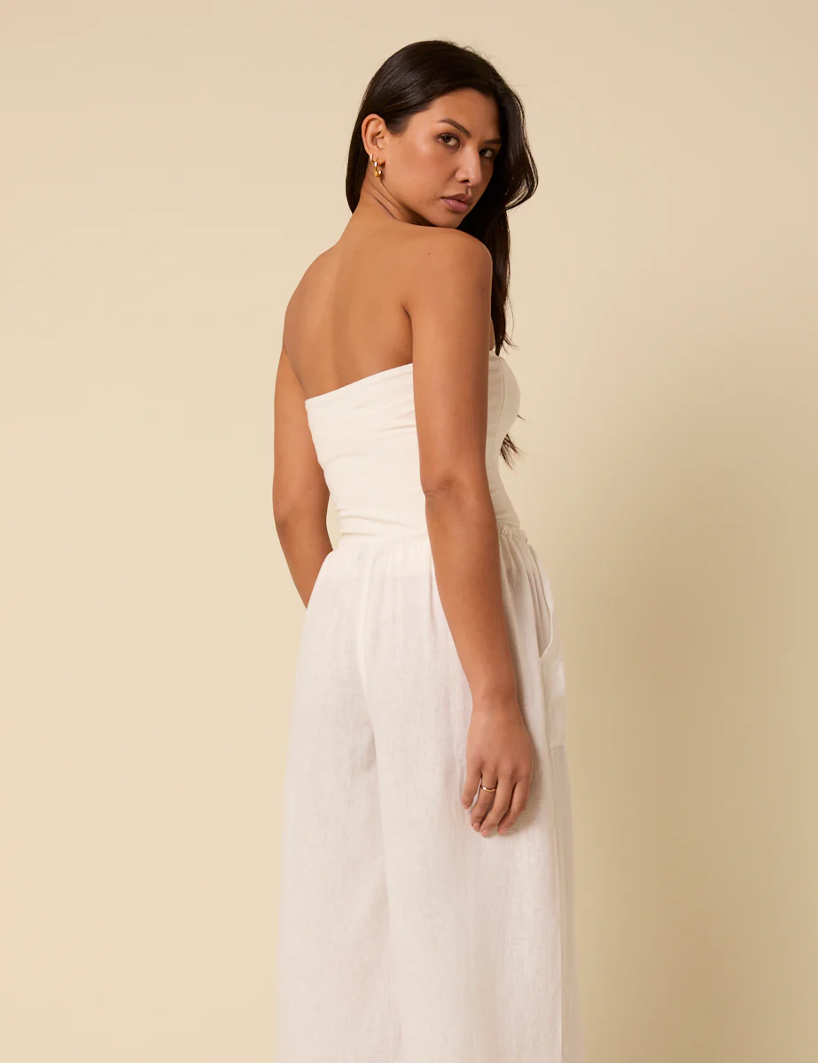 White Cropped Wide Leg Linen-Blend Shona Trousers - Image 5