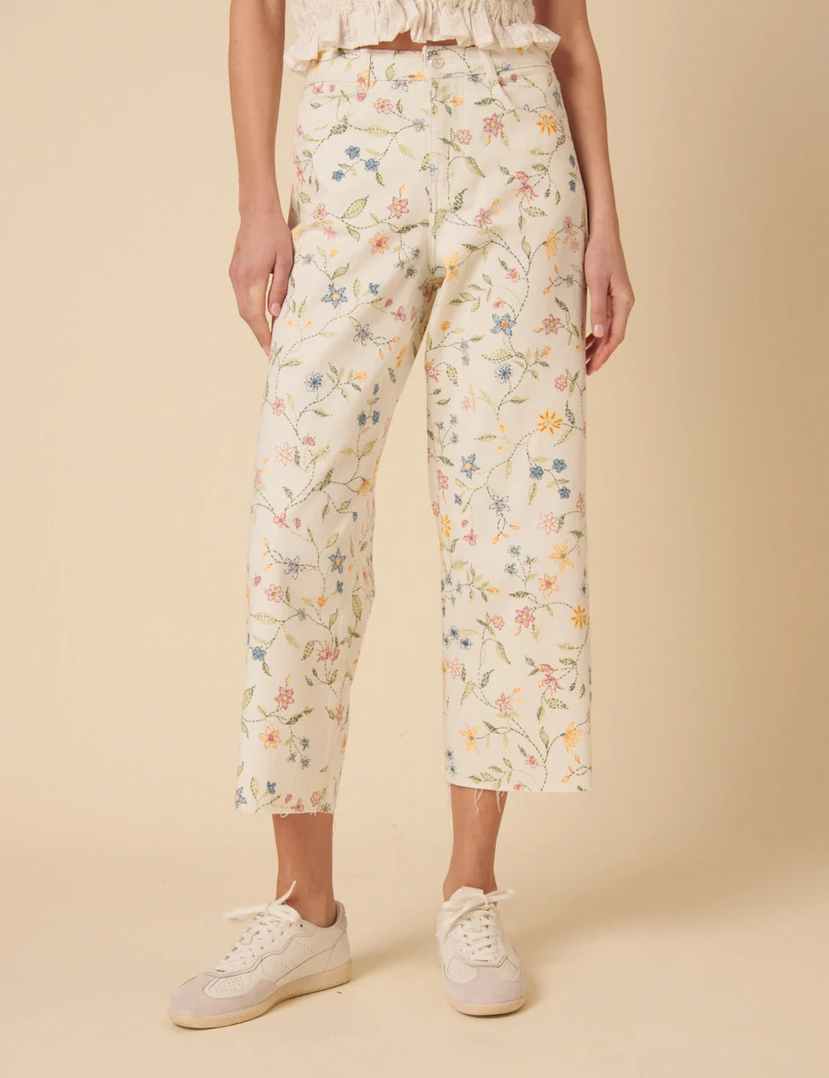White Floral High Rise Wide Leg Cropped Jeans - Image 4