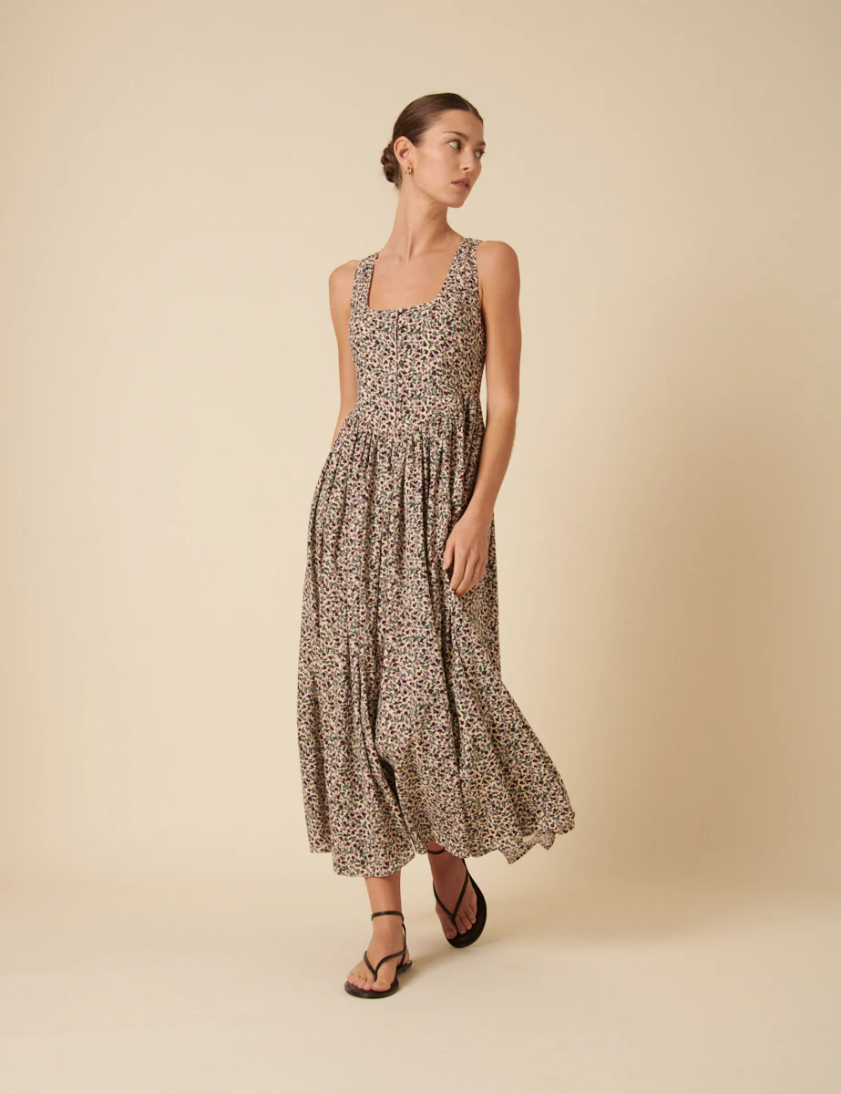 Cream Ditsy Floral Drop Waist Cora Midi Dress