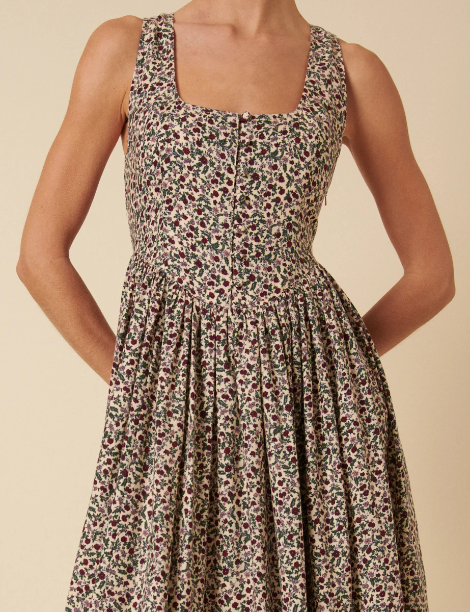 Cream Ditsy Floral Drop Waist Cora Midi Dress - Image 2