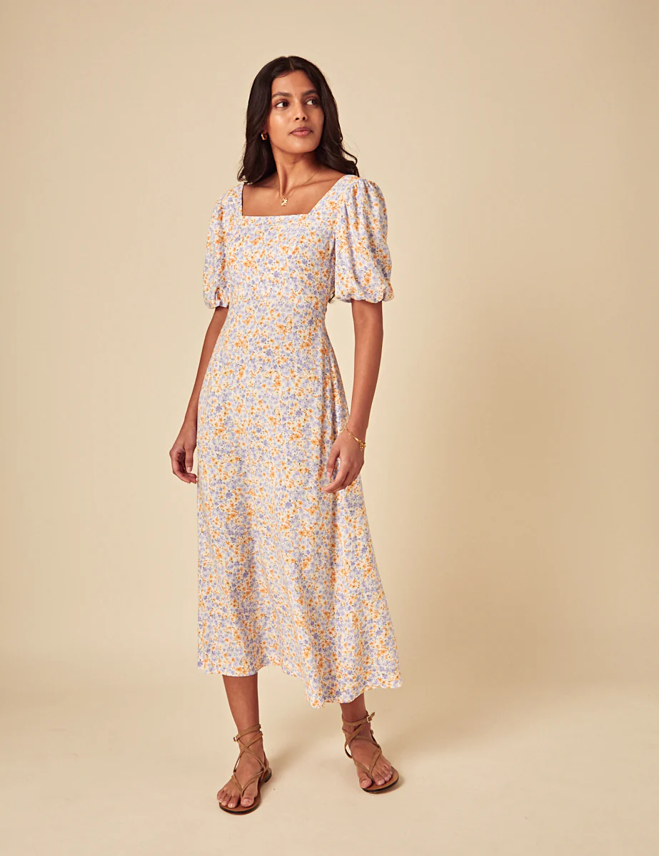 White Ditsy Floral Lara Midi Dress - Image 3