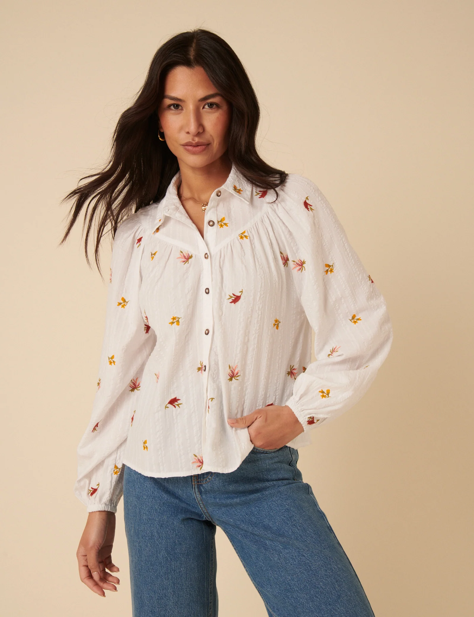 White Embroidered Balloon Sleeve Blouse - Image 2