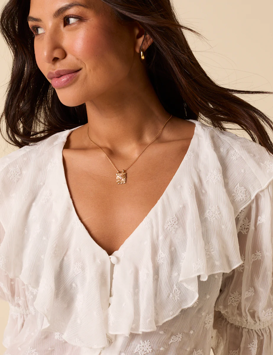 White Embroidered Ruffle Trim Top - Image 3