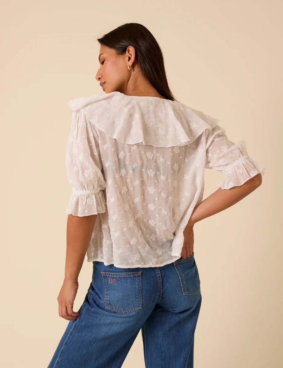 White Embroidered Ruffle Trim Top - Image 5