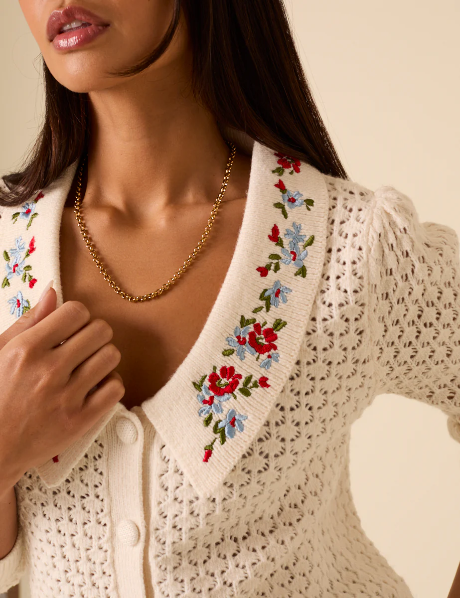 White Embroidered Pointelle Cardigan - Image 2