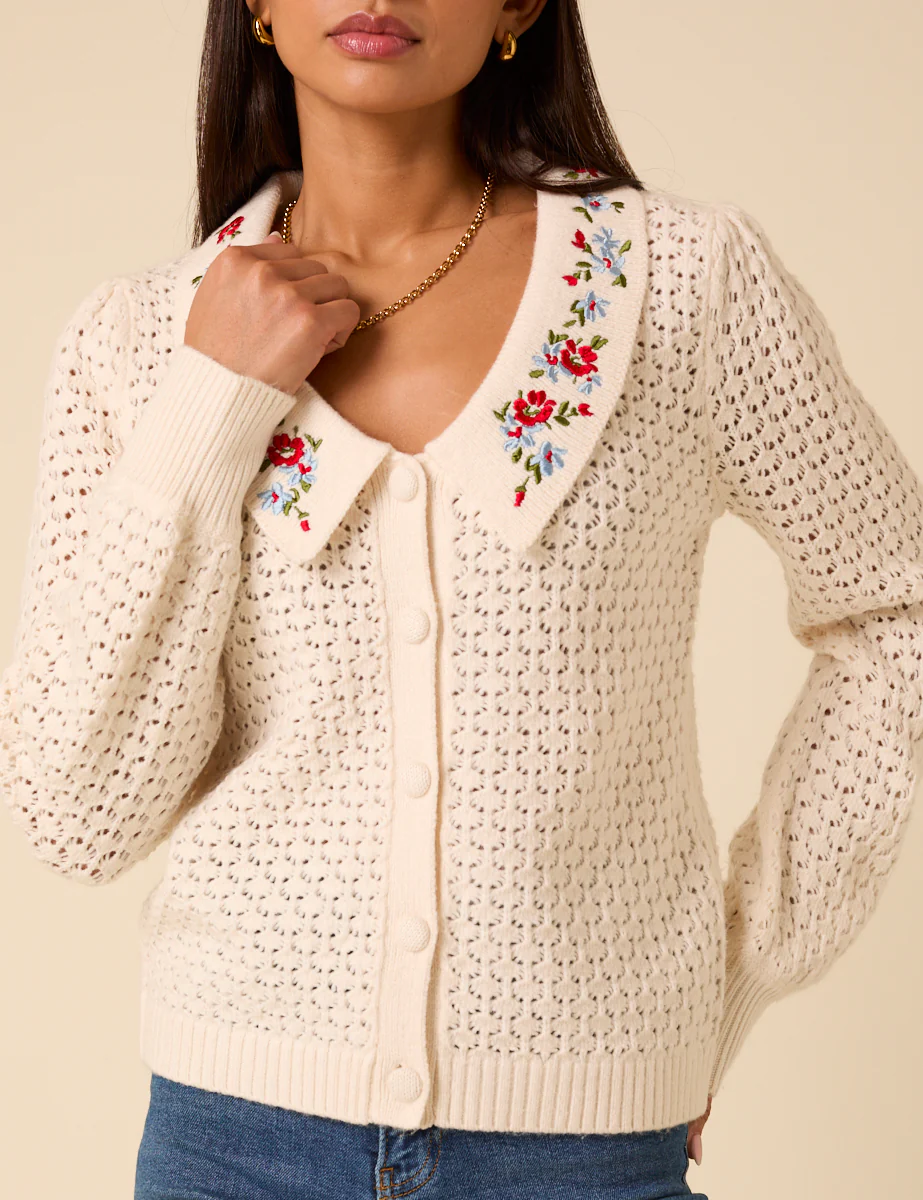 White Embroidered Pointelle Cardigan - Image 3