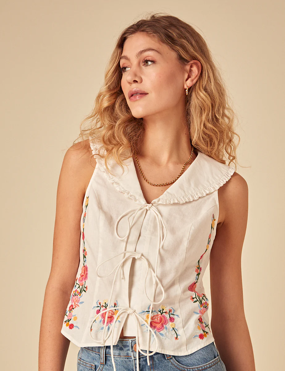 White Floral Embroidered Sleeveless Top - Image 2