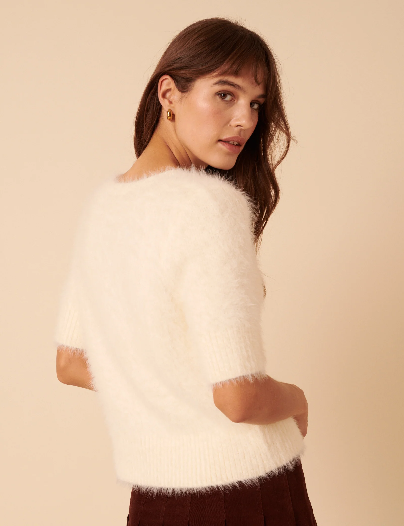 White Fluffy Short Sleeve Knitted Top - Image 5