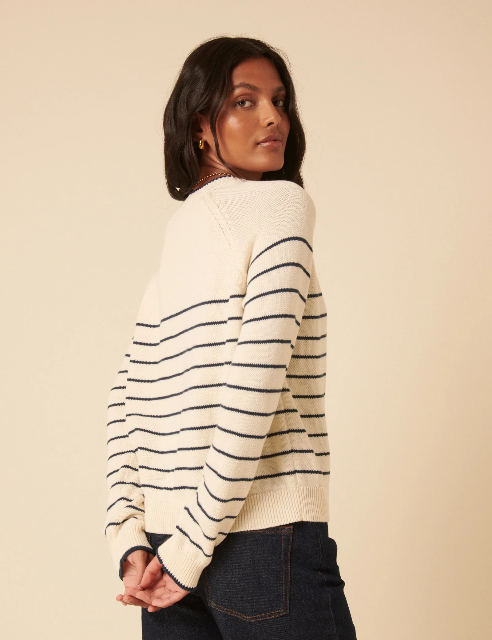 Cream Knitted Striped Henley Jumper - Image 5