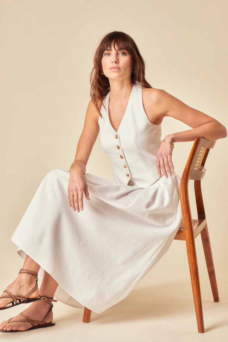 White Linen-Blend Pleated Tailored Midi Skirt - Image 2
