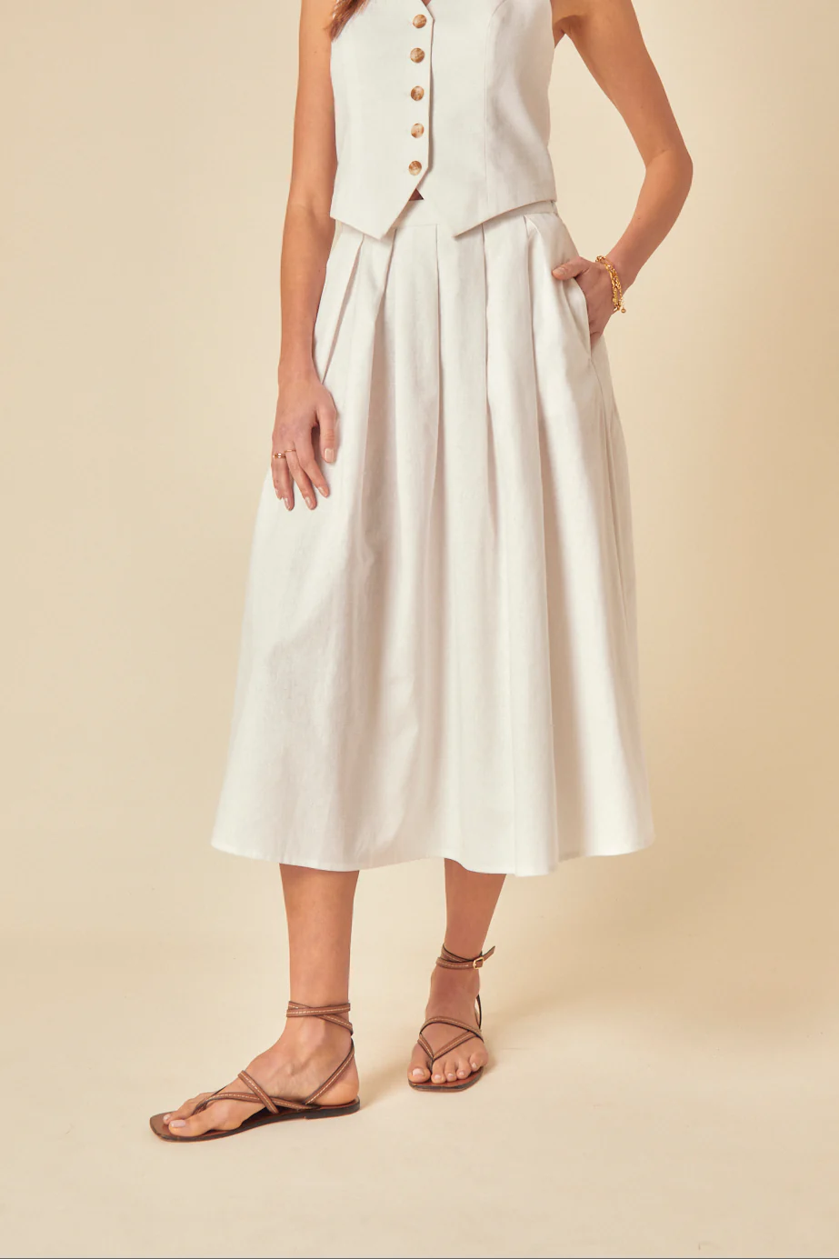 White Linen-Blend Pleated Tailored Midi Skirt - Image 3