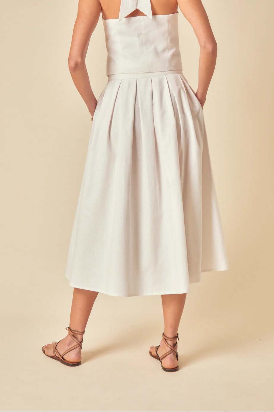 White Linen-Blend Pleated Tailored Midi Skirt - Image 5
