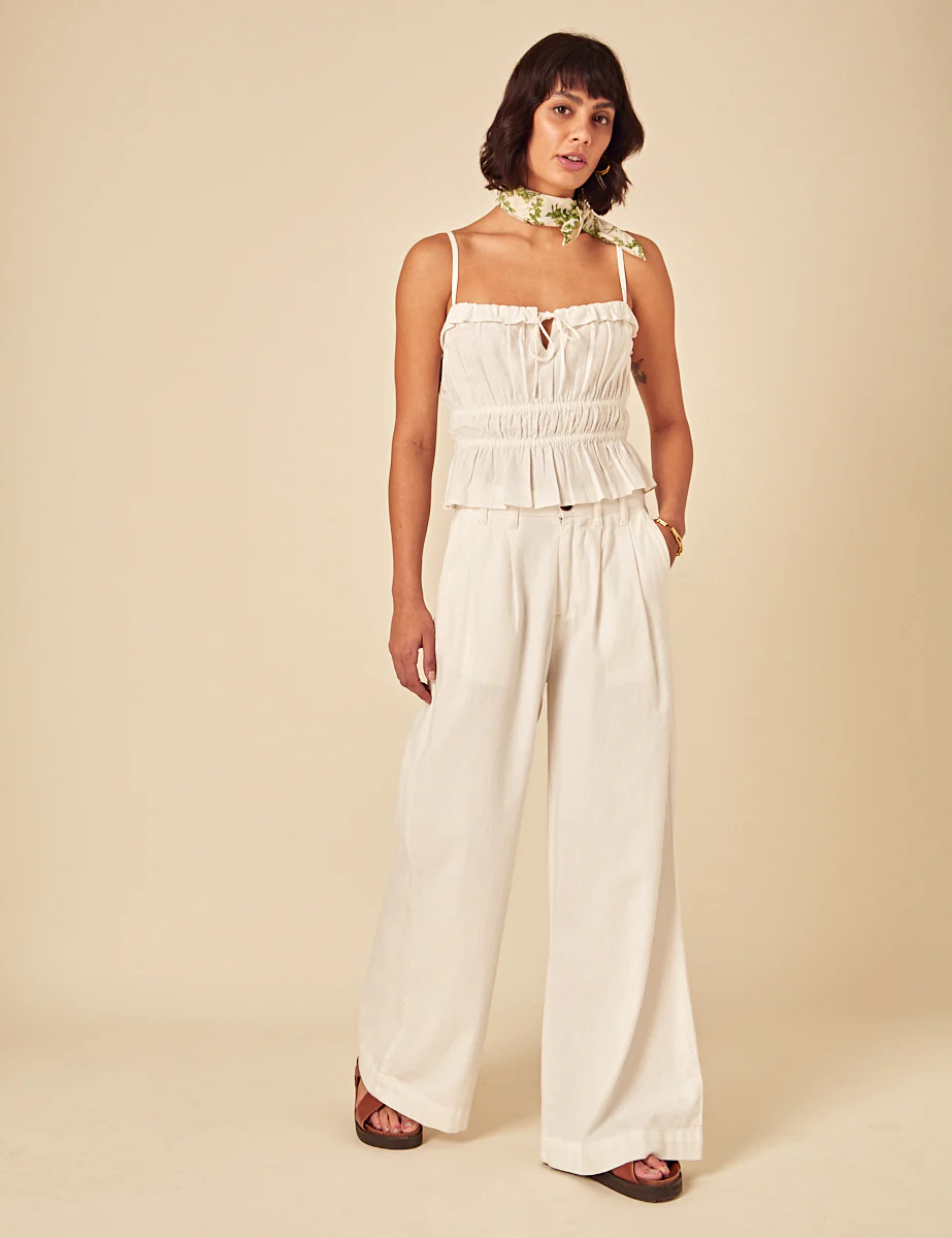 White Linen-Blend Ruched Cami Top - Image 2