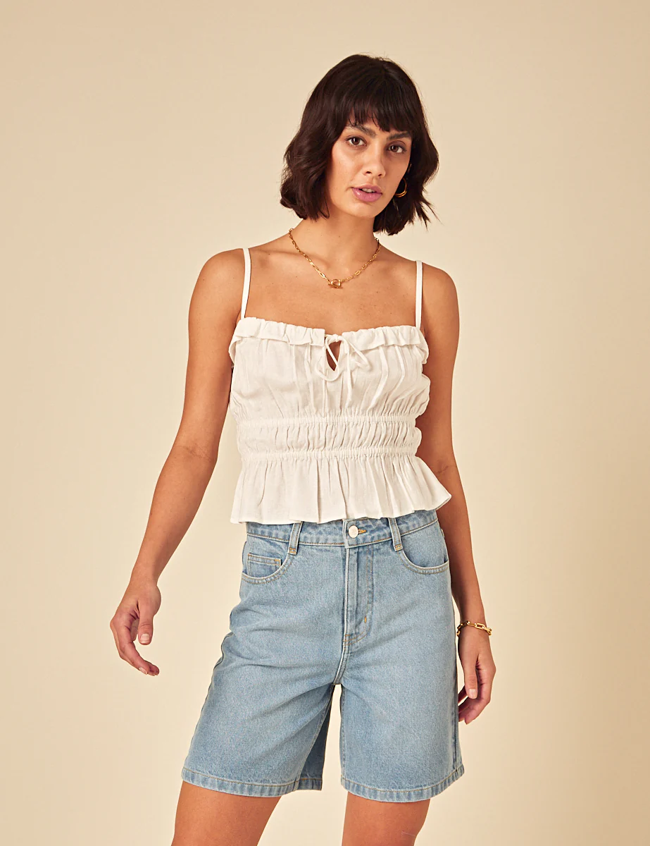 White Linen-Blend Ruched Cami Top - Image 3