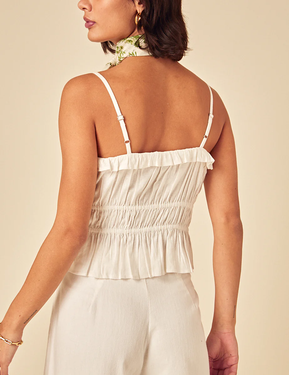 White Linen-Blend Ruched Cami Top - Image 4
