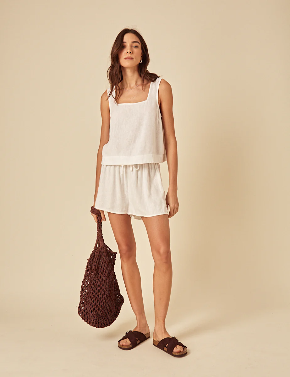 White Linen-Blend Drawstring Shorts - Image 3