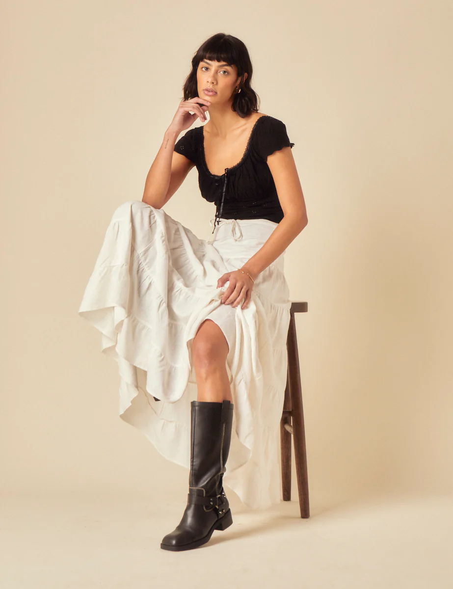 White Linen-Blend Tie Waist Tiered Skirt