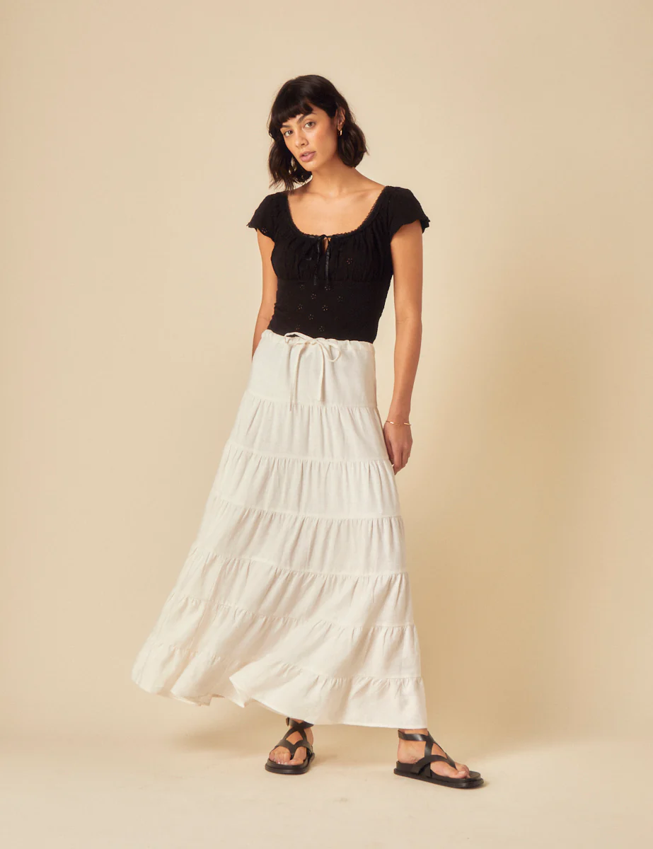 White Linen-Blend Tie Waist Tiered Skirt - Image 2
