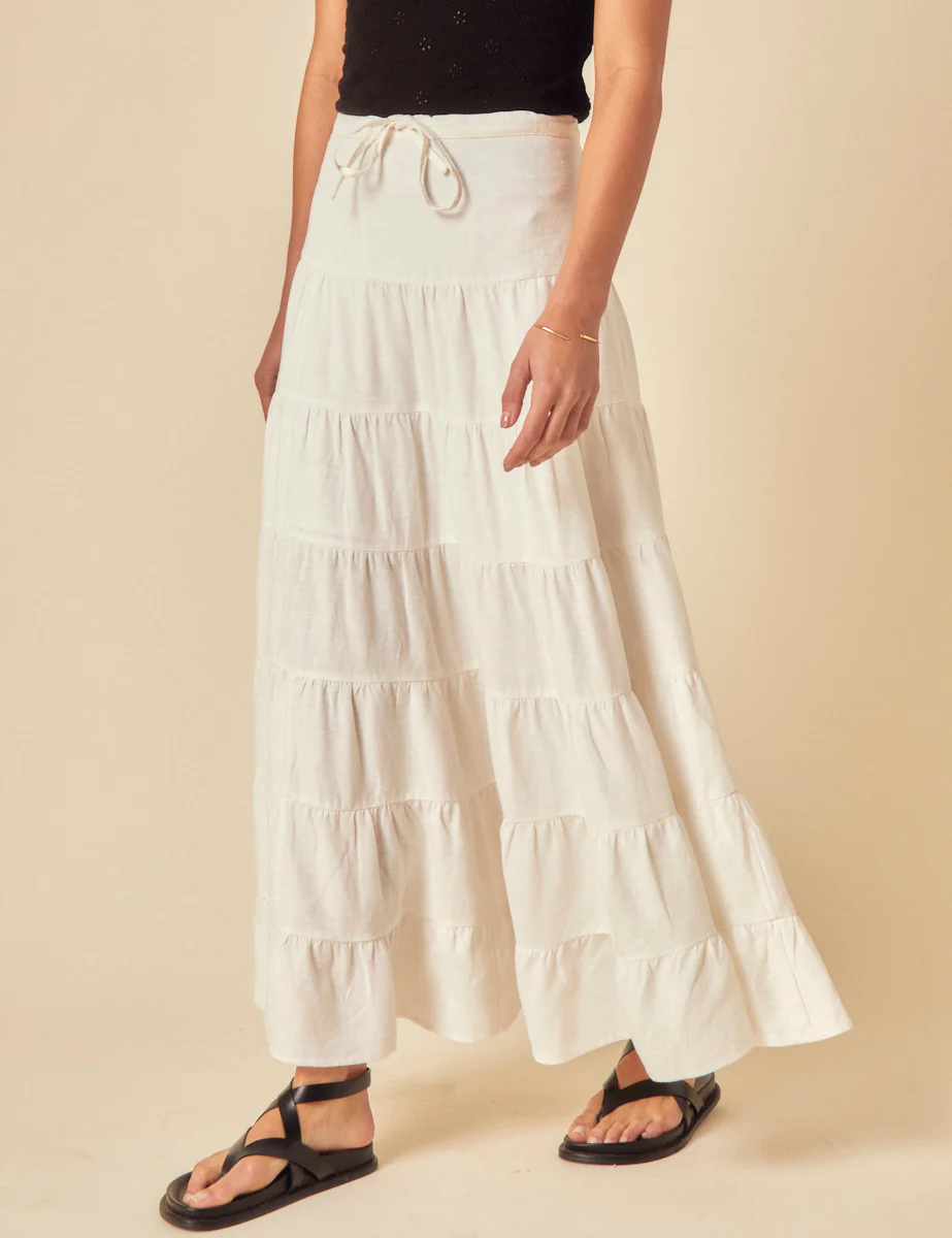 White Linen-Blend Tie Waist Tiered Skirt - Image 4