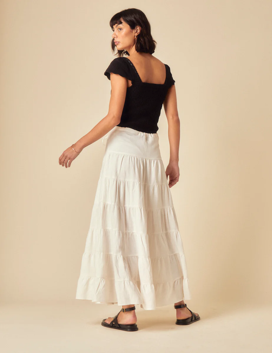 White Linen-Blend Tie Waist Tiered Skirt - Image 5