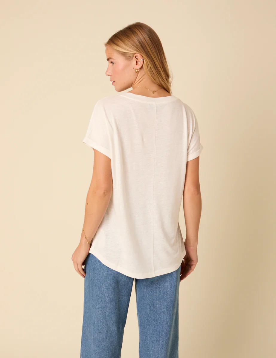 White Linen-Blend Relaxed V-neck T-Shirt - Image 5