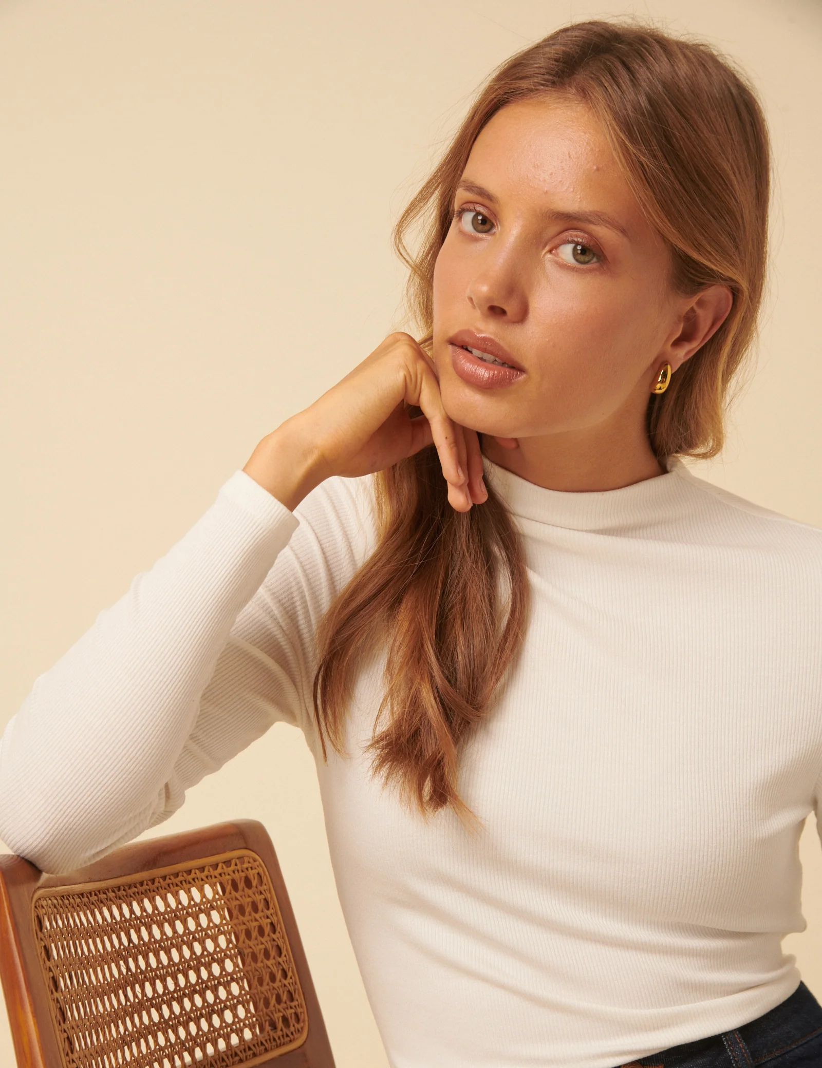 White Ribbed High Neck Long Sleeve Top - Image 3