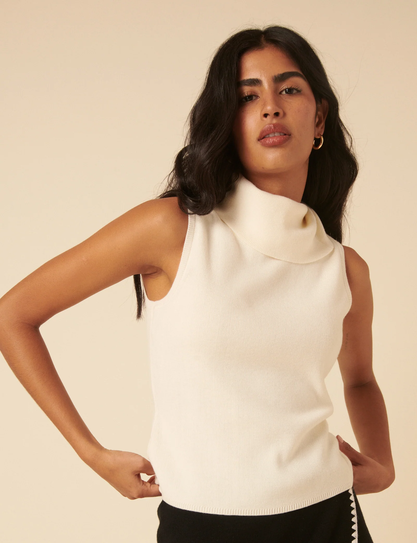 White Ribbed Knitted Roll Neck Vest Top