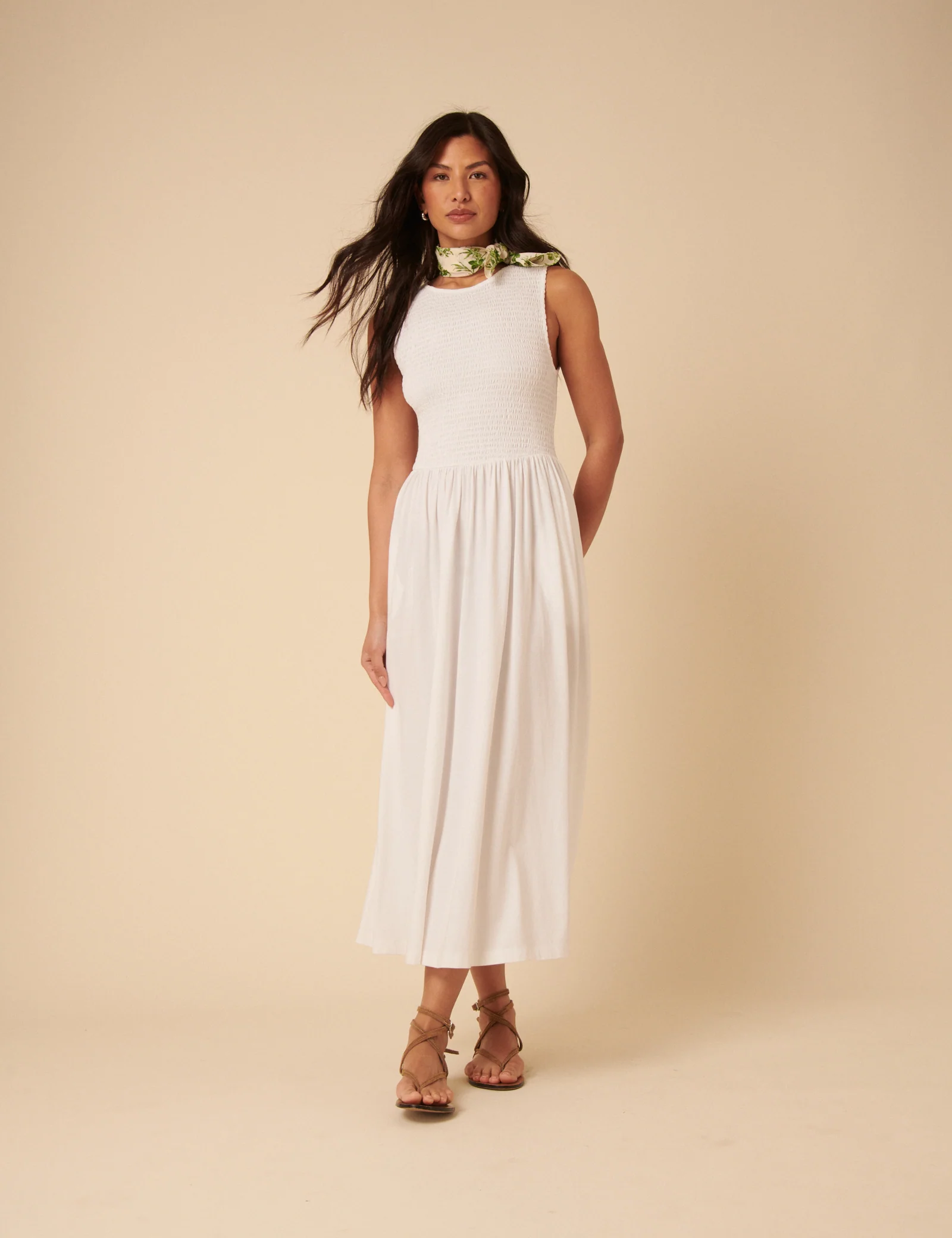White Shirred Bodice Billie Midi Jersey Dress