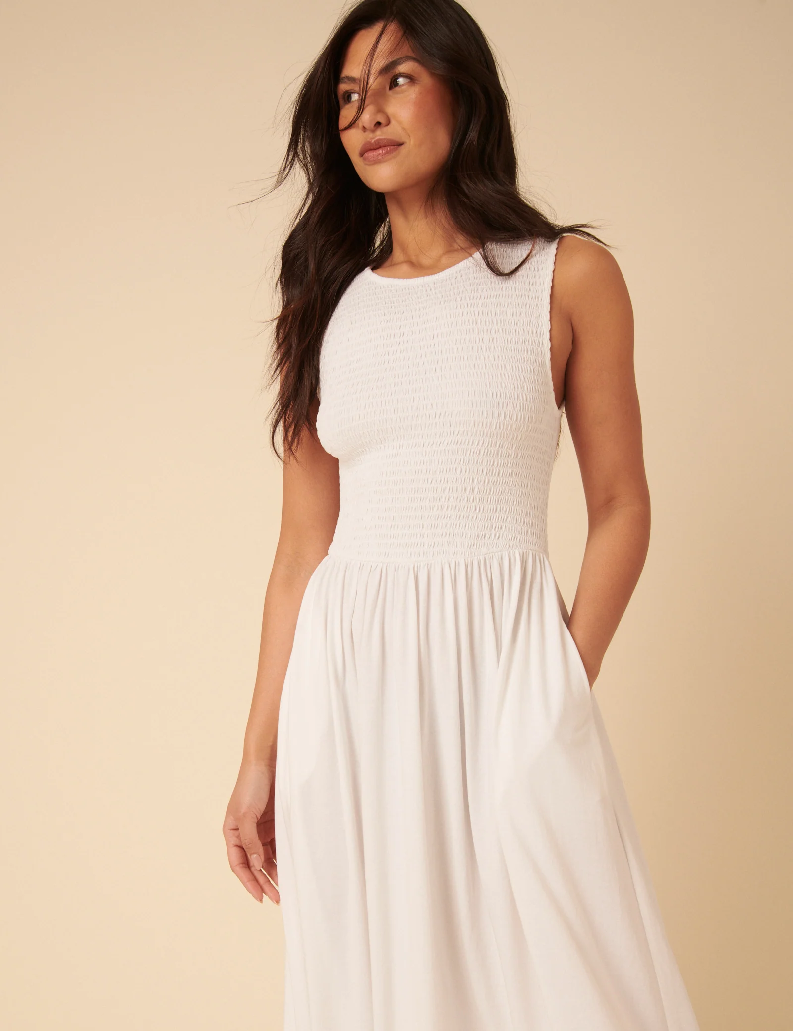 White Shirred Bodice Billie Midi Jersey Dress - Image 3