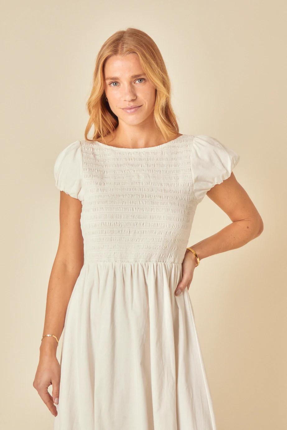 White Shirred Puff Sleeve Sasha Midi Dress - Image 2