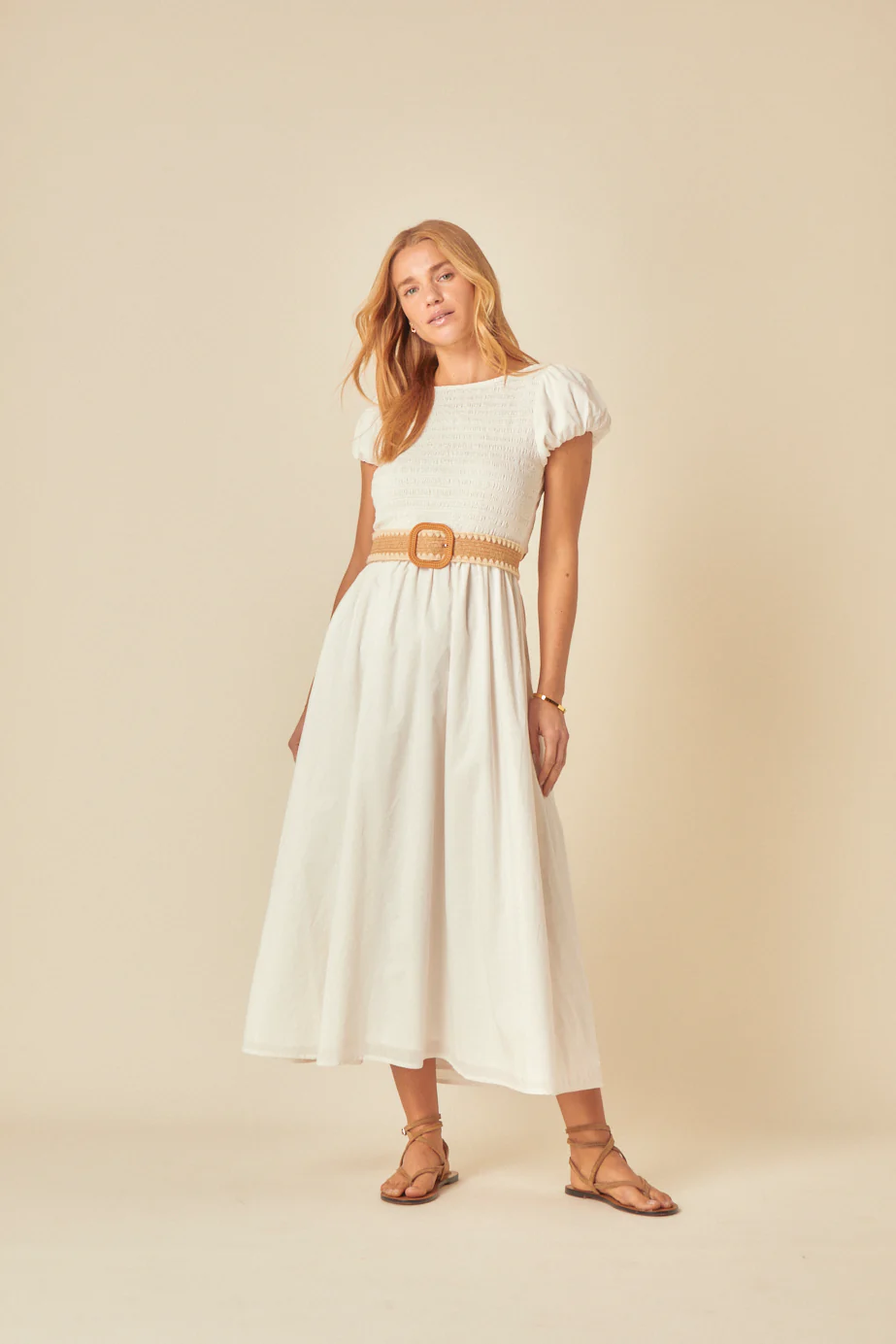 White Shirred Puff Sleeve Sasha Midi Dress - Image 4
