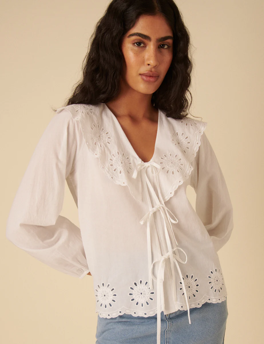 White Tie Front Broderie Anglaise Blouse - Image 3