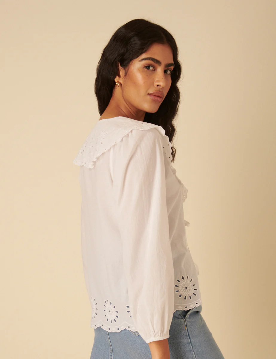 White Tie Front Broderie Anglaise Blouse - Image 4