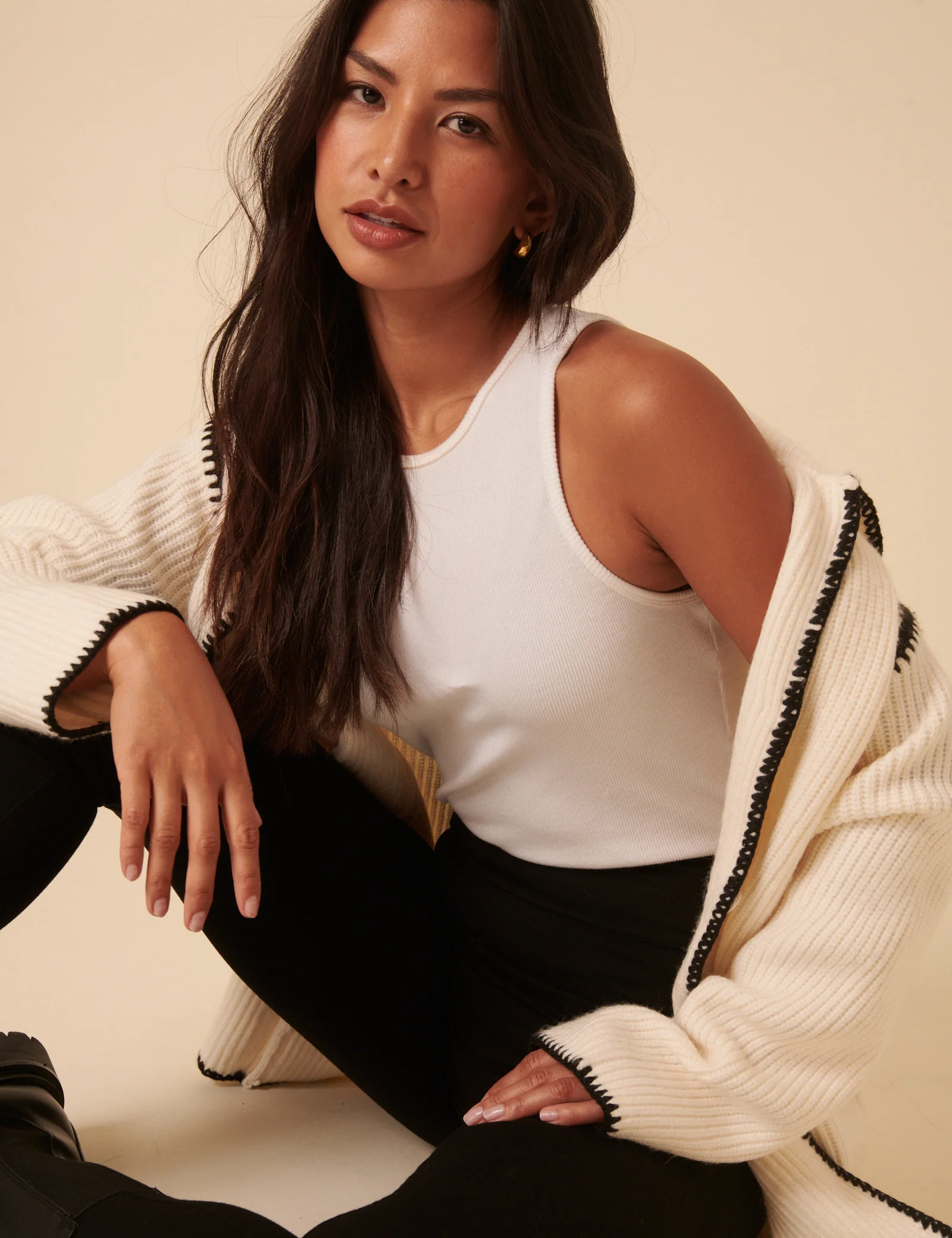 White Whipstitch Longline Cardigan - Image 2